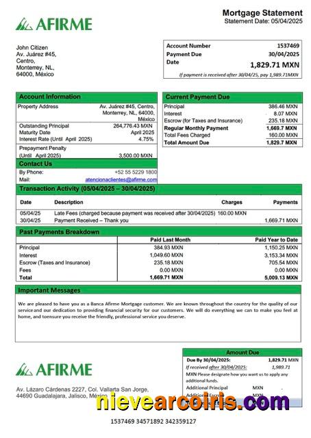 Mexico Banca Afirme mortgage statement Word and PDF template